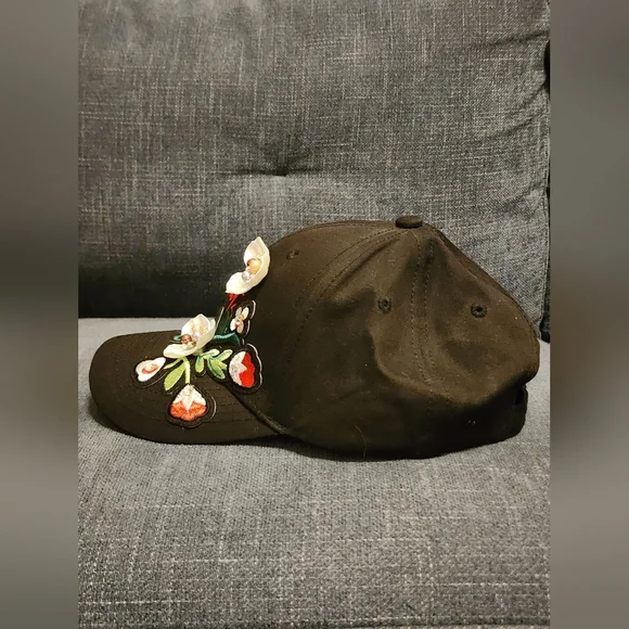 Floral Embroidered Black Cap "In This Moment" Upcycled Handmade Hat - Picture 4 of 7